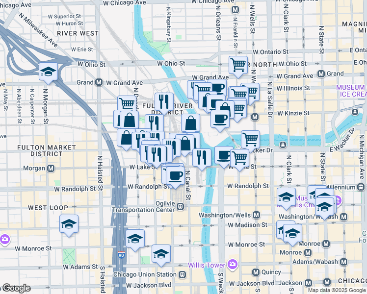 map of restaurants, bars, coffee shops, grocery stores, and more near 500 West Fulton Street in Chicago