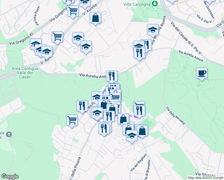 map of restaurants, bars, coffee shops, grocery stores, and more near 16 Via di Bravetta in Rome