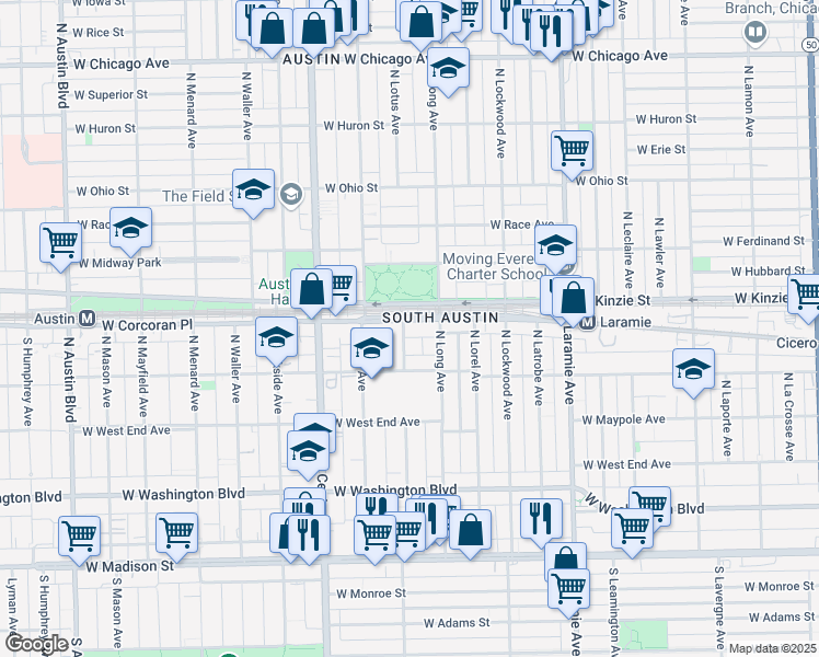 map of restaurants, bars, coffee shops, grocery stores, and more near 5425 West Lake Street in Chicago