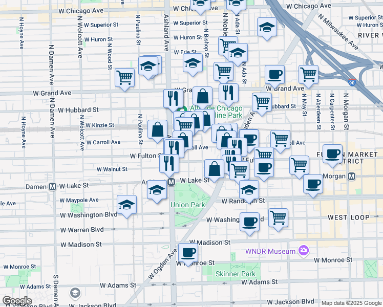 map of restaurants, bars, coffee shops, grocery stores, and more near 1502 West Carroll Avenue in Chicago