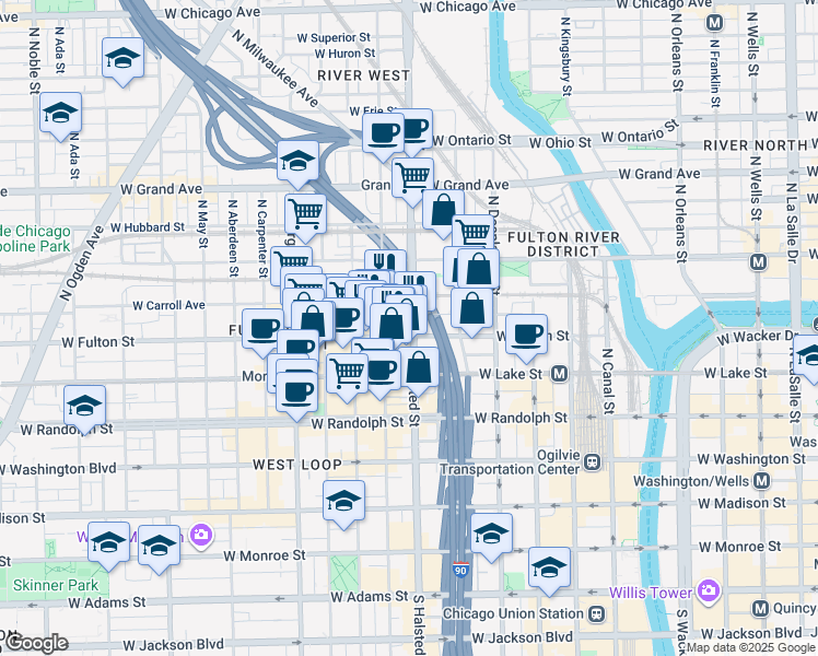 map of restaurants, bars, coffee shops, grocery stores, and more near 333 North Green Street in Chicago