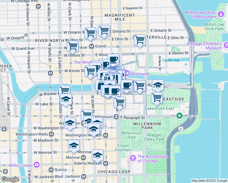 map of restaurants, bars, coffee shops, grocery stores, and more near 75 East Wacker Drive in Chicago
