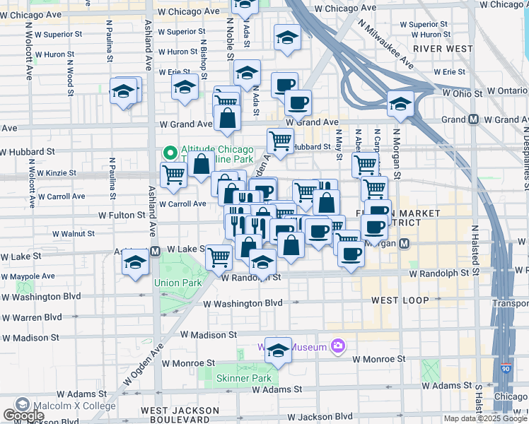 map of restaurants, bars, coffee shops, grocery stores, and more near 1305 West Carroll Avenue in Chicago