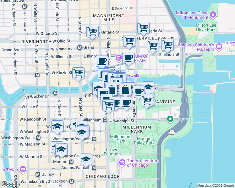 map of restaurants, bars, coffee shops, grocery stores, and more near 233 North Michigan Avenue in Chicago