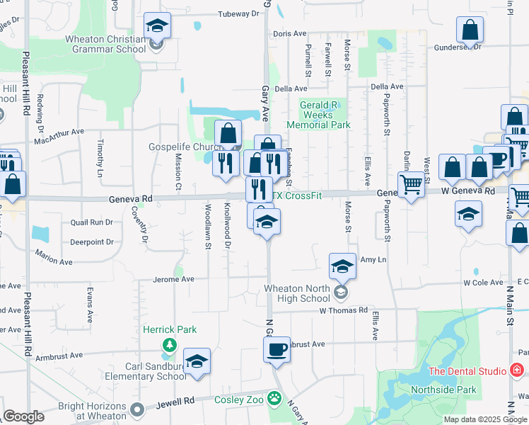 map of restaurants, bars, coffee shops, grocery stores, and more near 910 North Gary Avenue in Carol Stream