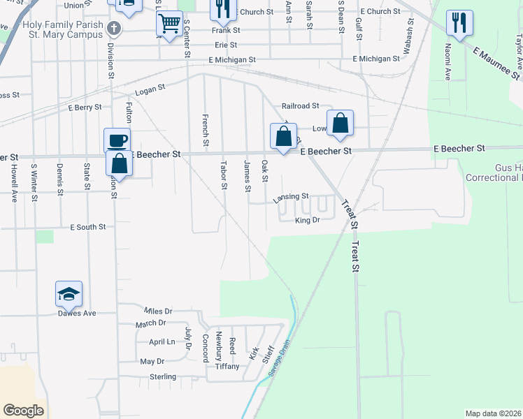 map of restaurants, bars, coffee shops, grocery stores, and more near 845 Oak Street in Adrian
