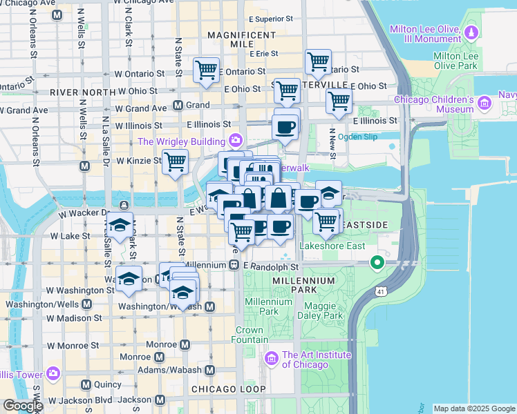 map of restaurants, bars, coffee shops, grocery stores, and more near 233 North Michigan Avenue in Chicago