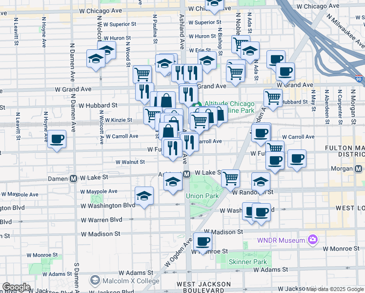 map of restaurants, bars, coffee shops, grocery stores, and more near 330 North Ashland Avenue in Chicago