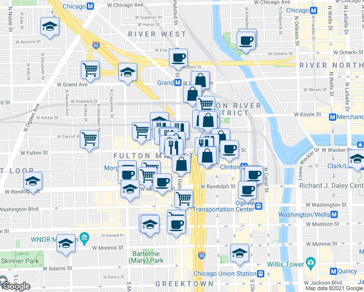 map of restaurants, bars, coffee shops, grocery stores, and more near 708w West Wayman Street in Chicago