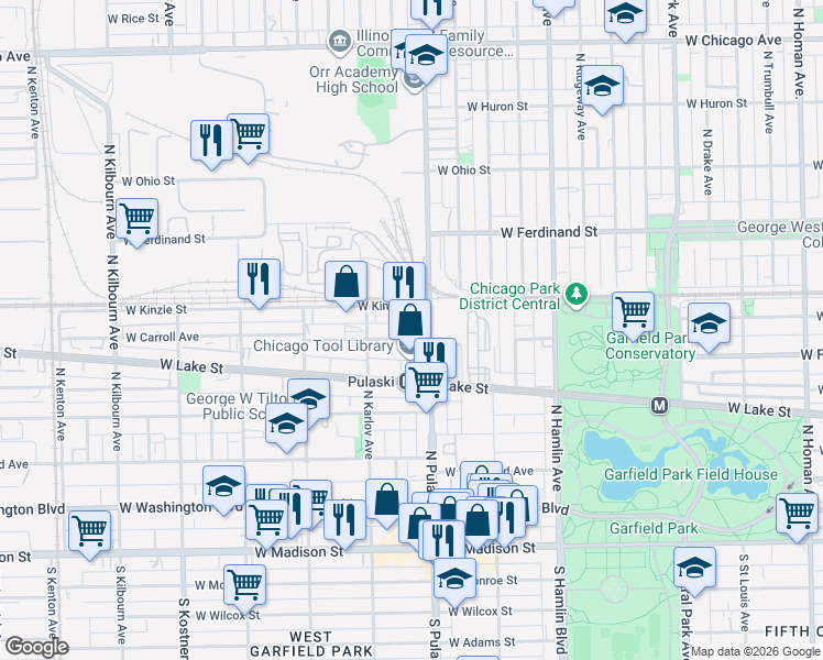 map of restaurants, bars, coffee shops, grocery stores, and more near 368 North Pulaski Road in Chicago
