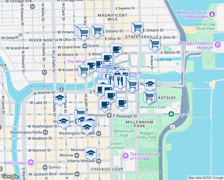 map of restaurants, bars, coffee shops, grocery stores, and more near 307 North Michigan Avenue in Chicago