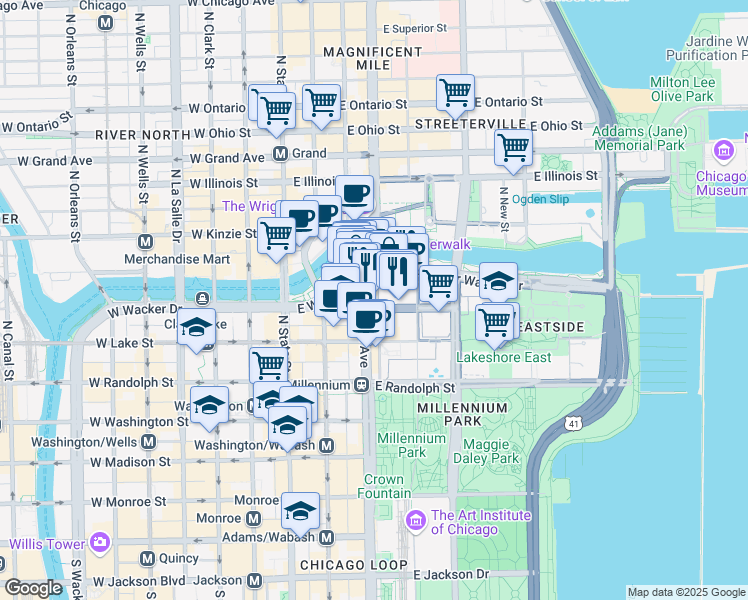 map of restaurants, bars, coffee shops, grocery stores, and more near 307 North Michigan Avenue in Chicago