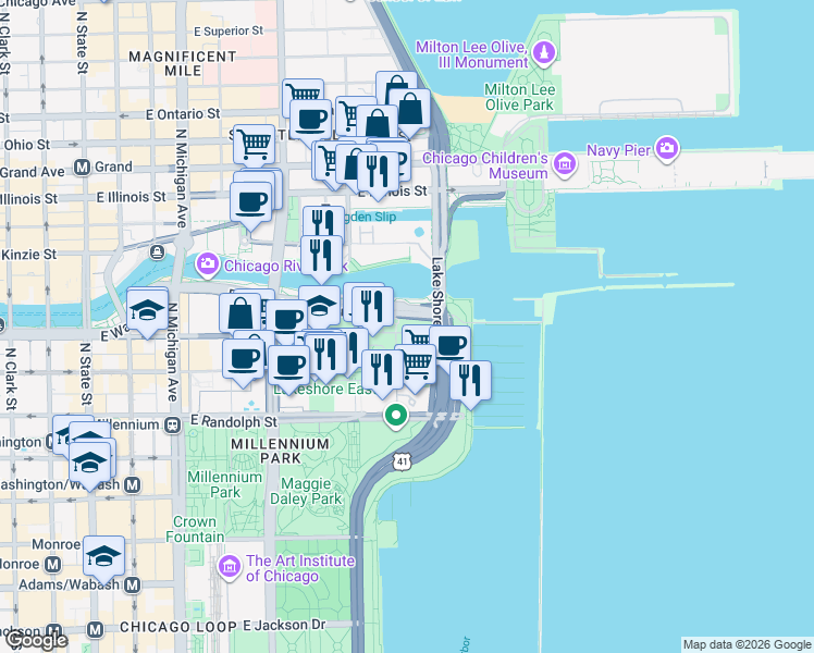 map of restaurants, bars, coffee shops, grocery stores, and more near 450 East Waterside Drive in Chicago