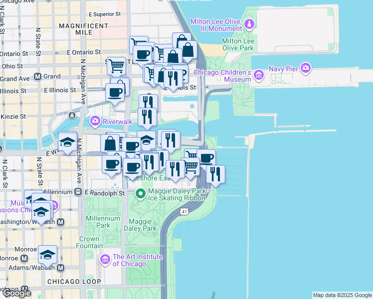 map of restaurants, bars, coffee shops, grocery stores, and more near 450 East Waterside Drive in Chicago