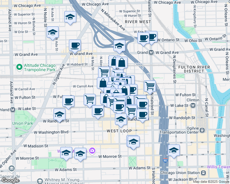map of restaurants, bars, coffee shops, grocery stores, and more near 1000 West Fulton Market in Chicago