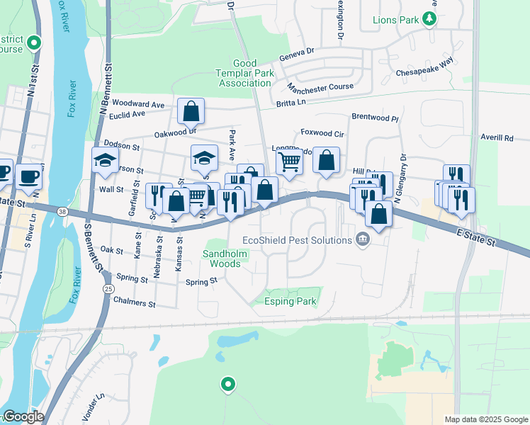 map of restaurants, bars, coffee shops, grocery stores, and more near 11 Simpson Street in Geneva