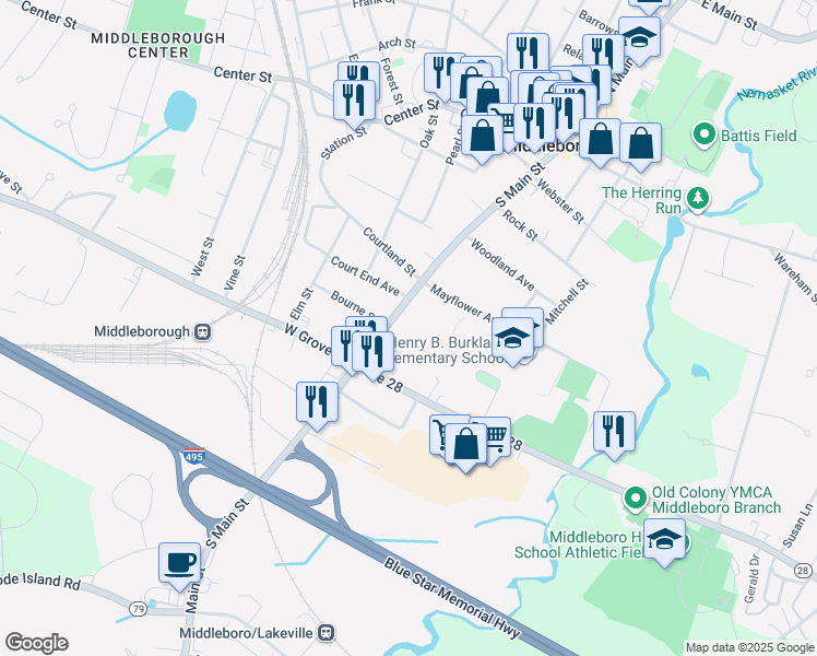 map of restaurants, bars, coffee shops, grocery stores, and more near 104 South Main Street in Middleborough