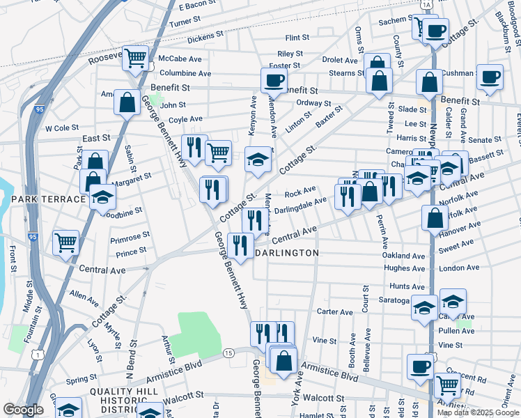 map of restaurants, bars, coffee shops, grocery stores, and more near 189 Mendon Avenue in Pawtucket