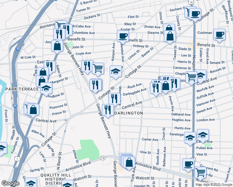 map of restaurants, bars, coffee shops, grocery stores, and more near 1 Rock Avenue in Pawtucket