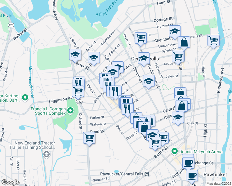 map of restaurants, bars, coffee shops, grocery stores, and more near 364 Cowden Street in Central Falls