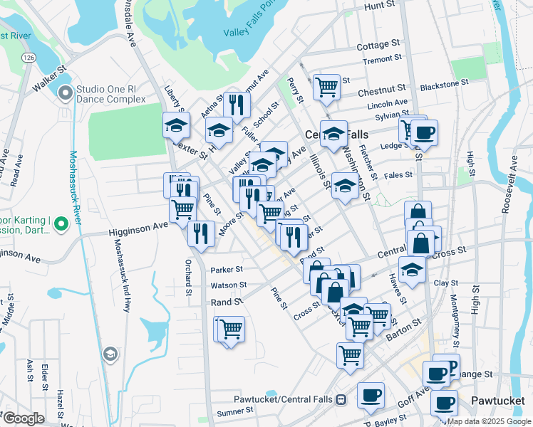 map of restaurants, bars, coffee shops, grocery stores, and more near 364 Cowden Street in Central Falls
