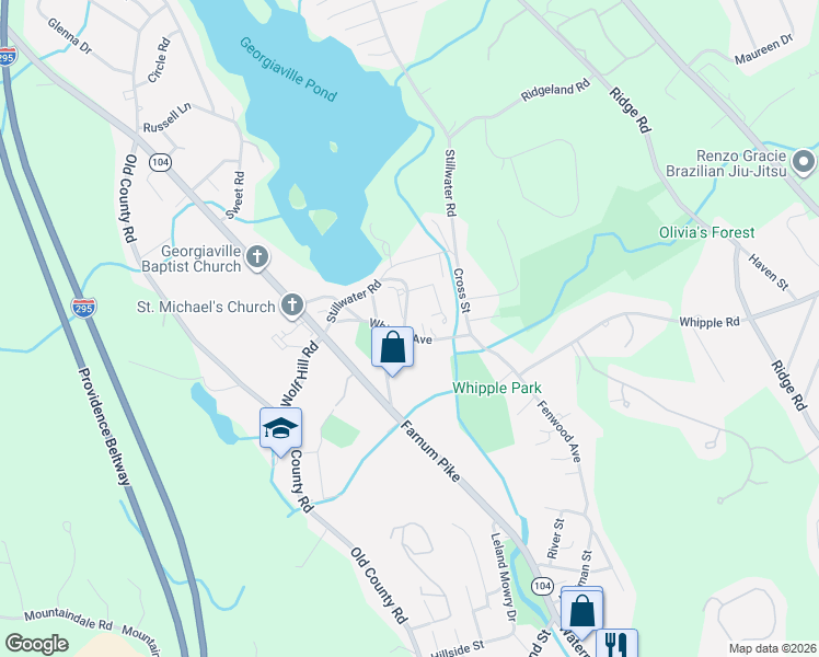 map of restaurants, bars, coffee shops, grocery stores, and more near 15 Higgins Street in Smithfield