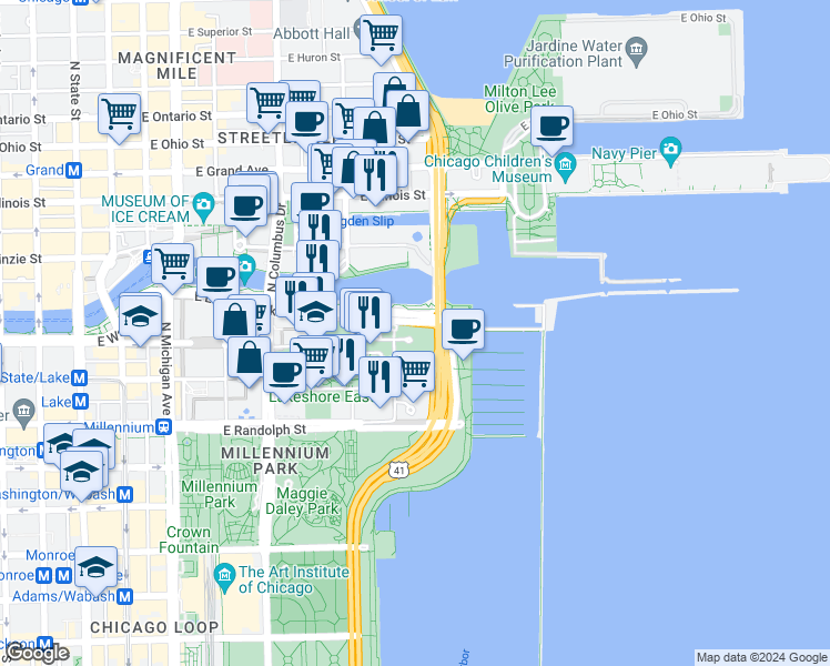 map of restaurants, bars, coffee shops, grocery stores, and more near 450 East Waterside Drive in Chicago