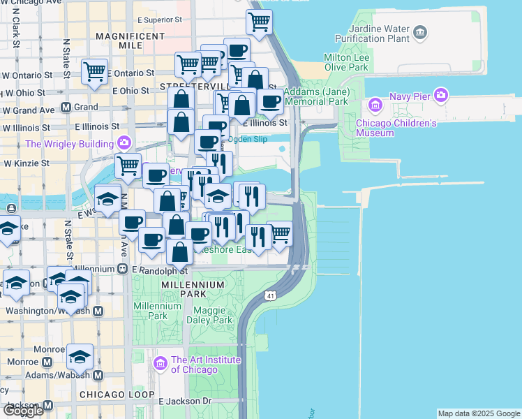 map of restaurants, bars, coffee shops, grocery stores, and more near 500 East Lower Wacker Drive in Chicago