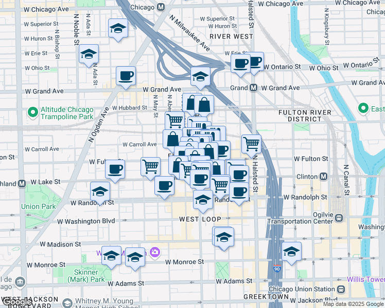 map of restaurants, bars, coffee shops, grocery stores, and more near 1000 West Fulton Street in Chicago