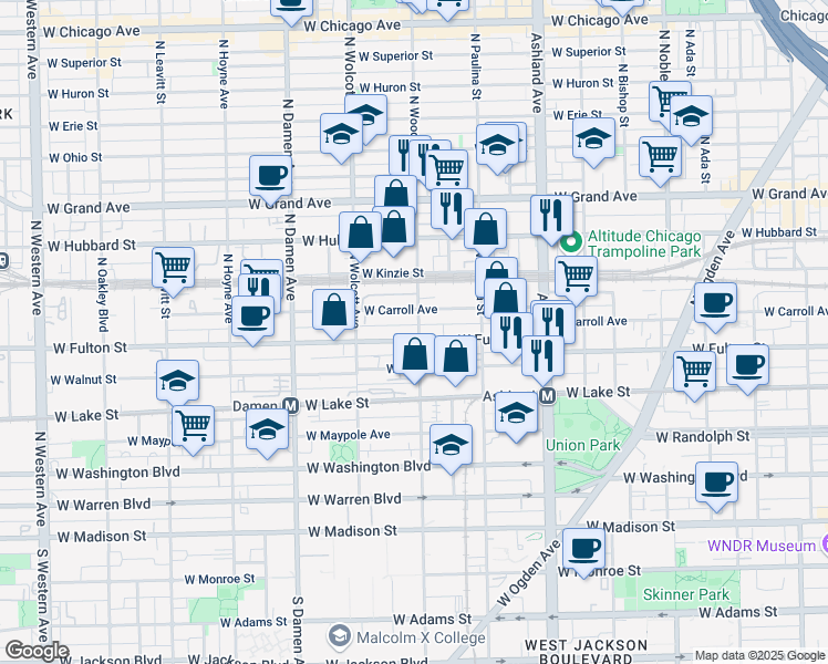 map of restaurants, bars, coffee shops, grocery stores, and more near 314 North Wood Street in Chicago