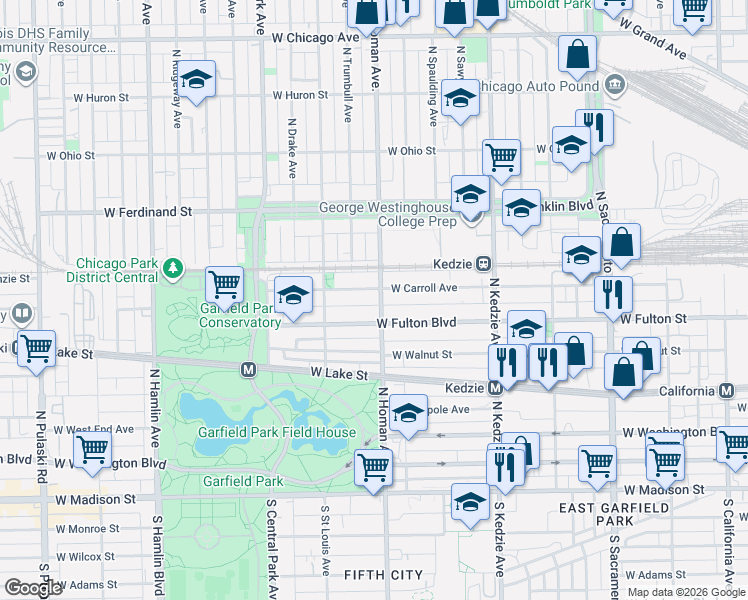map of restaurants, bars, coffee shops, grocery stores, and more near 320 North Homan Avenue in Chicago