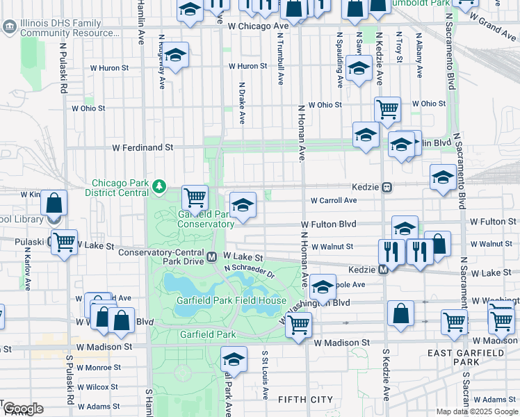 map of restaurants, bars, coffee shops, grocery stores, and more near 3500 West Carroll Avenue in Chicago