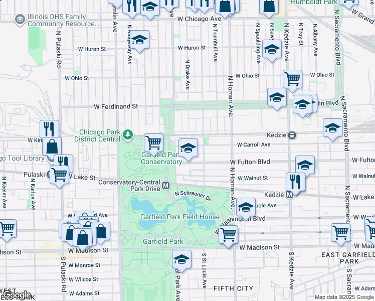 map of restaurants, bars, coffee shops, grocery stores, and more near 335 North Central Park Avenue in Chicago