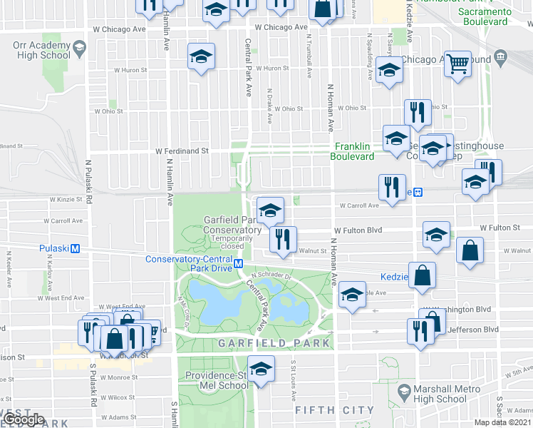 map of restaurants, bars, coffee shops, grocery stores, and more near 335 North Central Park Avenue in Chicago