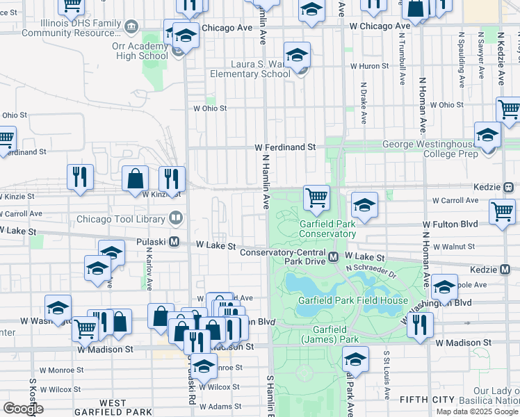map of restaurants, bars, coffee shops, grocery stores, and more near 378 North Hamlin Avenue in Chicago