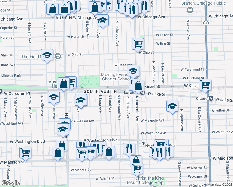map of restaurants, bars, coffee shops, grocery stores, and more near 350 North Lockwood Avenue in Chicago