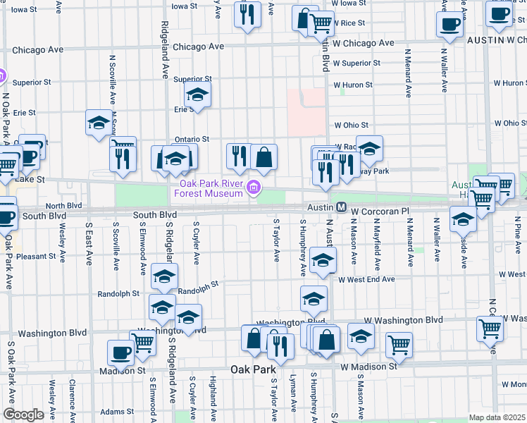map of restaurants, bars, coffee shops, grocery stores, and more near 49 Lake Street in Oak Park