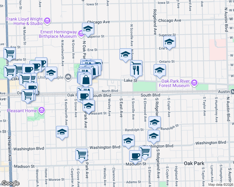 map of restaurants, bars, coffee shops, grocery stores, and more near 100 Forest Avenue in Oak Park