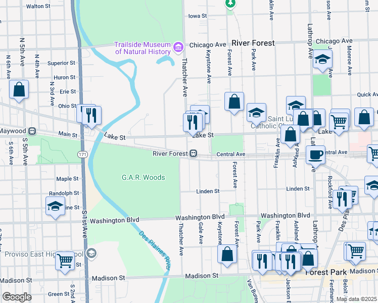 map of restaurants, bars, coffee shops, grocery stores, and more near in River Forest