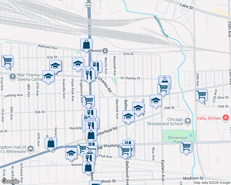 map of restaurants, bars, coffee shops, grocery stores, and more near 3825 Saint Charles Road in Bellwood