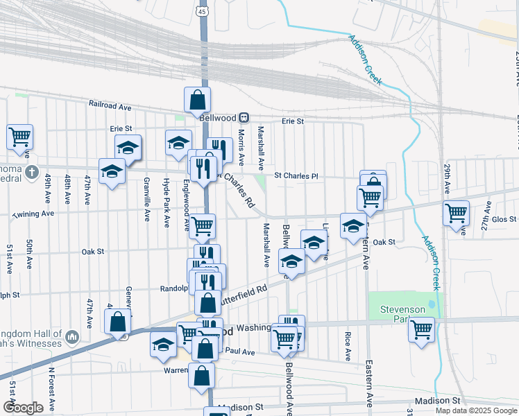 map of restaurants, bars, coffee shops, grocery stores, and more near 3825 Saint Charles Road in Bellwood