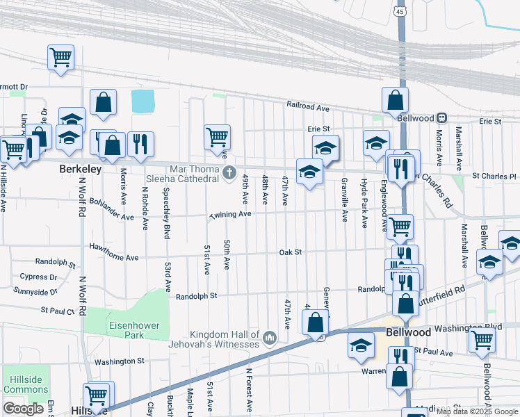 map of restaurants, bars, coffee shops, grocery stores, and more near 234 48th Avenue in Bellwood