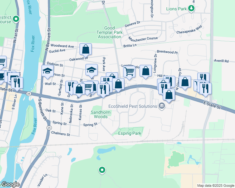 map of restaurants, bars, coffee shops, grocery stores, and more near 11 Simpson Street in Geneva