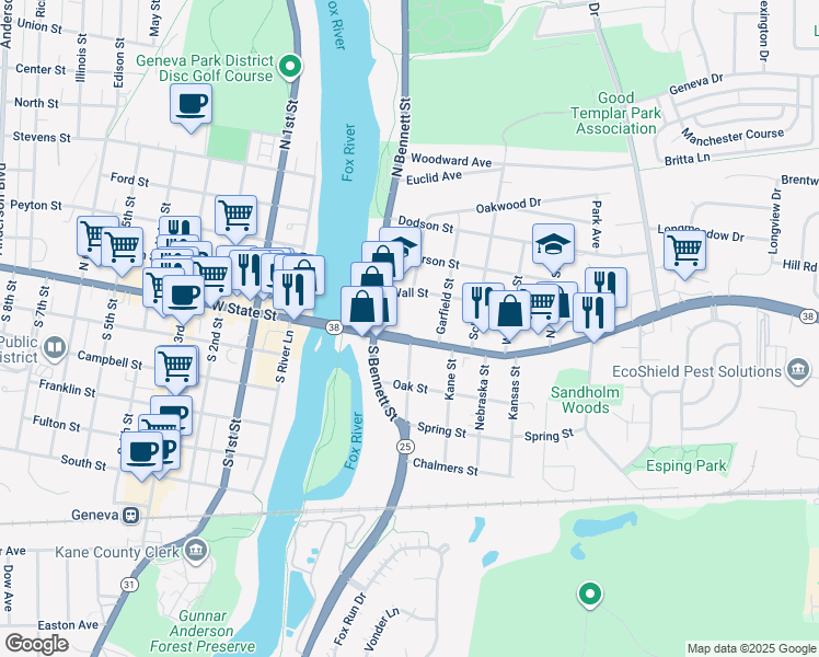map of restaurants, bars, coffee shops, grocery stores, and more near 206 Wall Street in Geneva