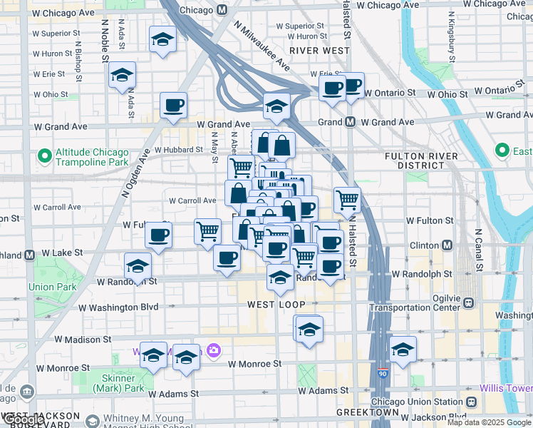 map of restaurants, bars, coffee shops, grocery stores, and more near 1000 West Fulton Market in Chicago