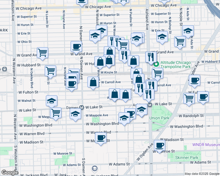 map of restaurants, bars, coffee shops, grocery stores, and more near 1800 West Fulton Street in Chicago