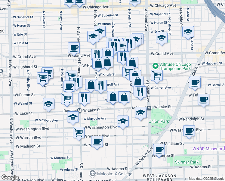 map of restaurants, bars, coffee shops, grocery stores, and more near 1800 West Fulton Street in Chicago
