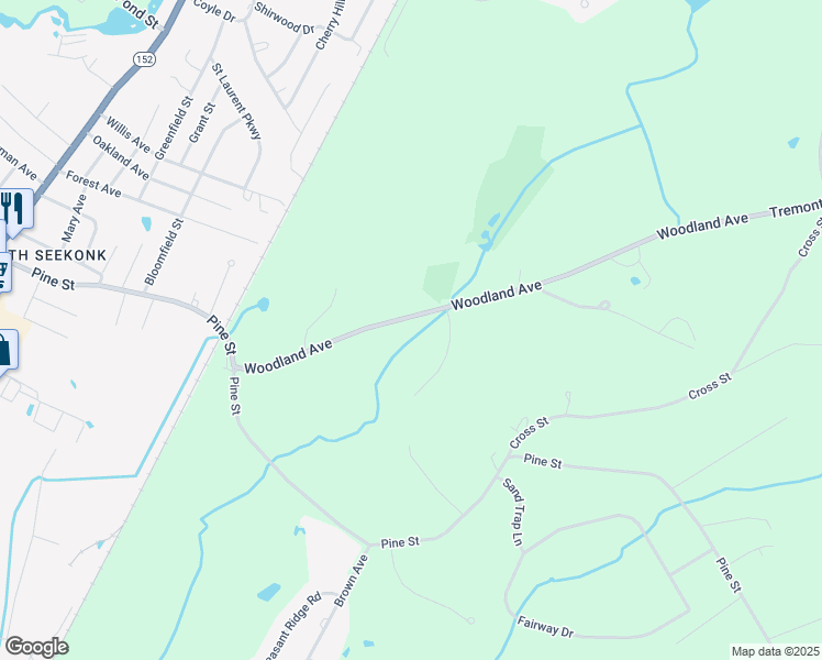 map of restaurants, bars, coffee shops, grocery stores, and more near 138 Woodland Avenue in Seekonk