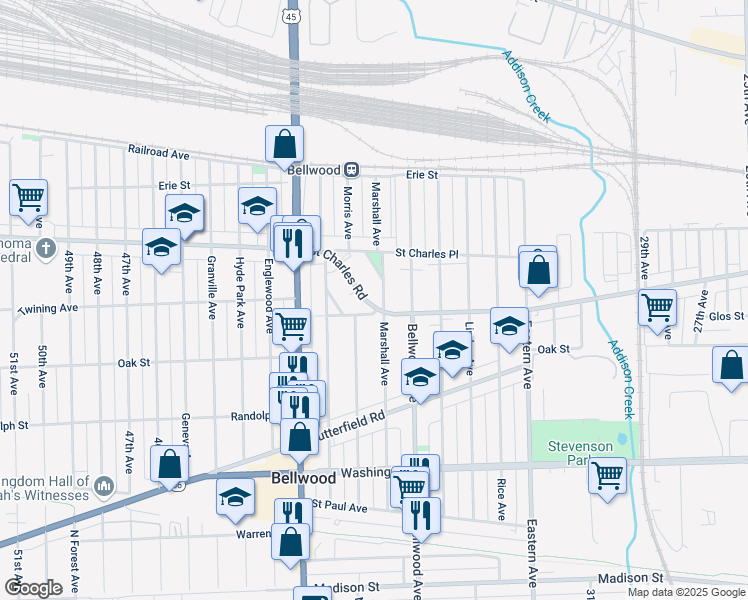 map of restaurants, bars, coffee shops, grocery stores, and more near 3825 Saint Charles Road in Bellwood