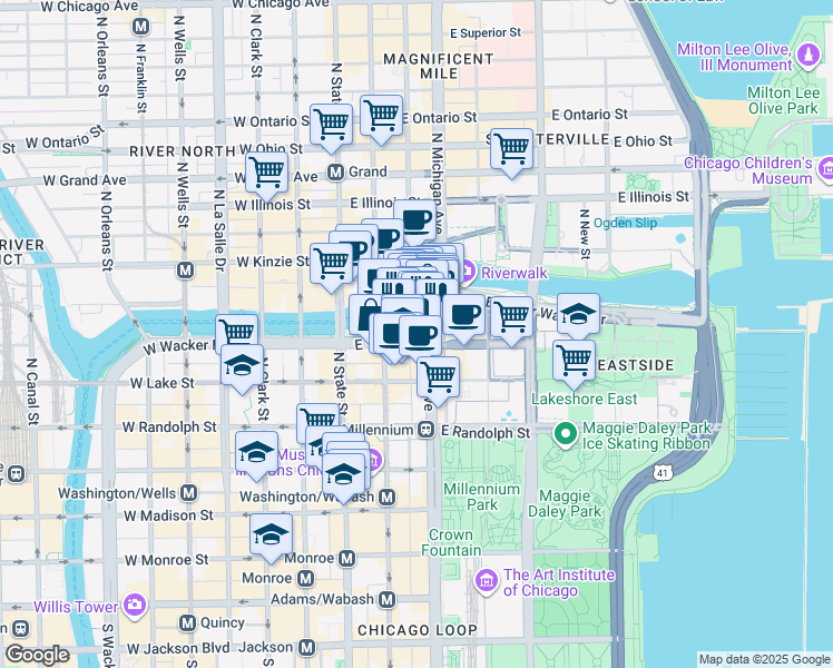 map of restaurants, bars, coffee shops, grocery stores, and more near 88 East Wacker Place in Chicago